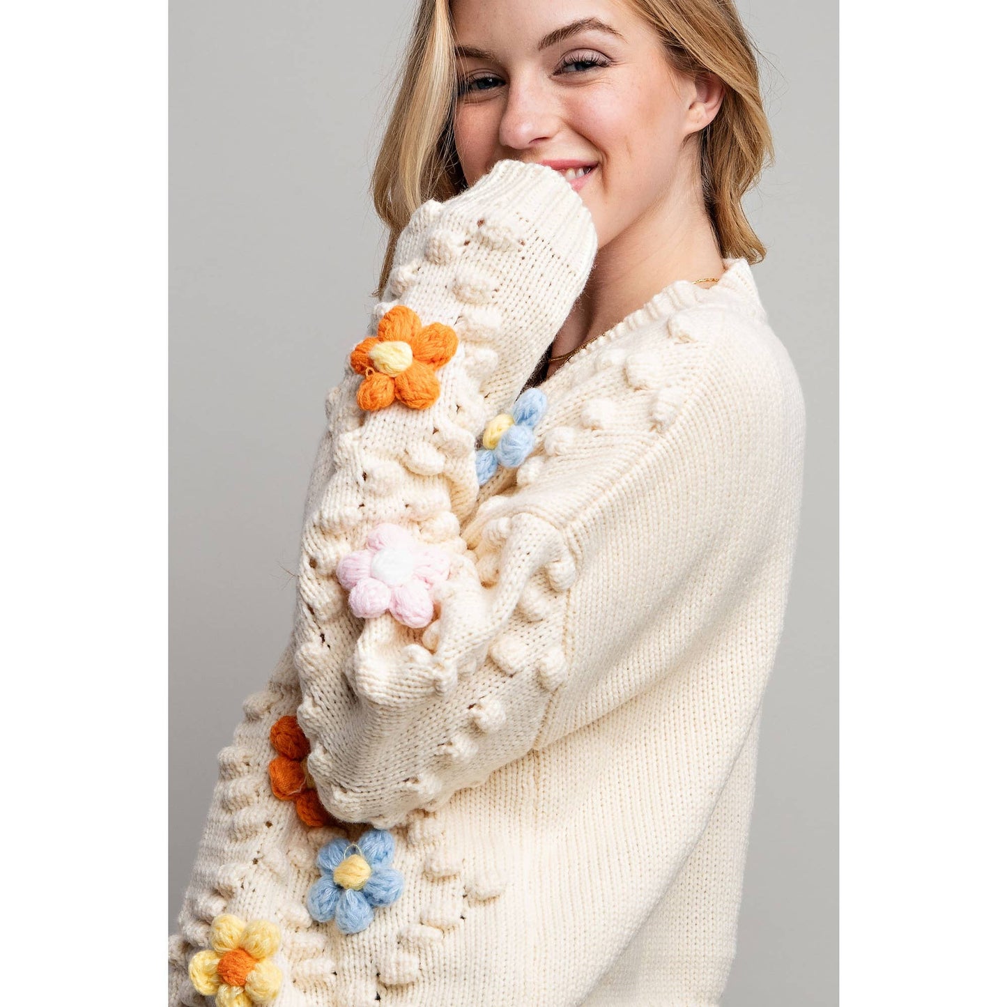 3D Flower Knit Pom Cardigan Sweater