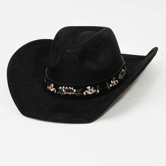 Boho Embroidered Floral Cowboy Hat Black