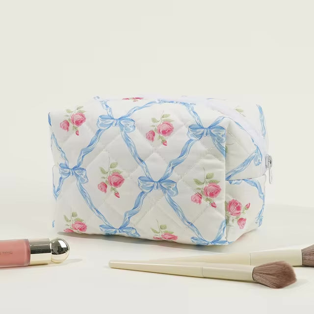 Cotton Quilted Pink & Blue Bow Floral Cosmetic Bag Makeup Travel Bag