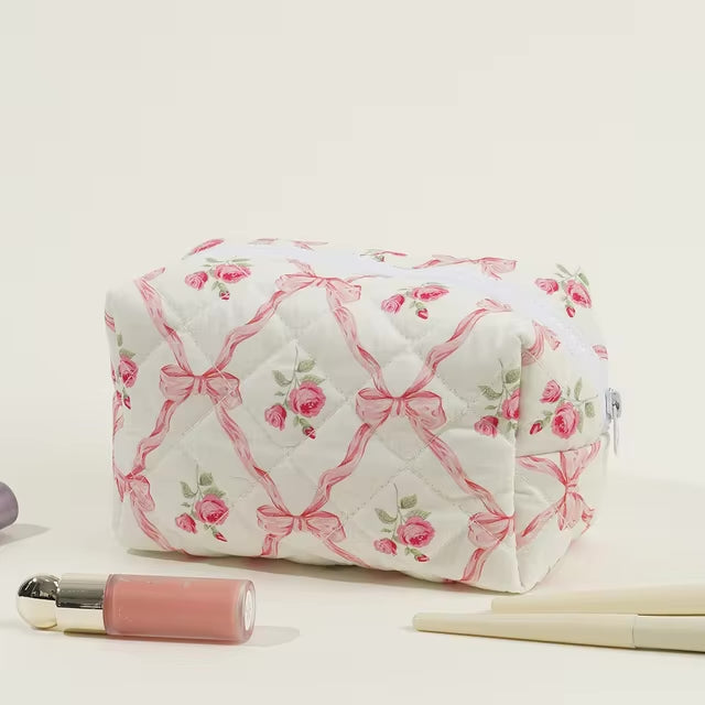Cotton Quilted Pink Bow Floral Cosmetic Bag Makeup Travel Bag