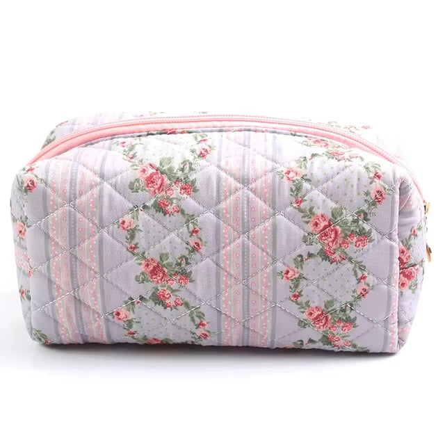 Cotton Quilted Pink and Blue Floral Cosmetic Bag Makeup Travel Bag