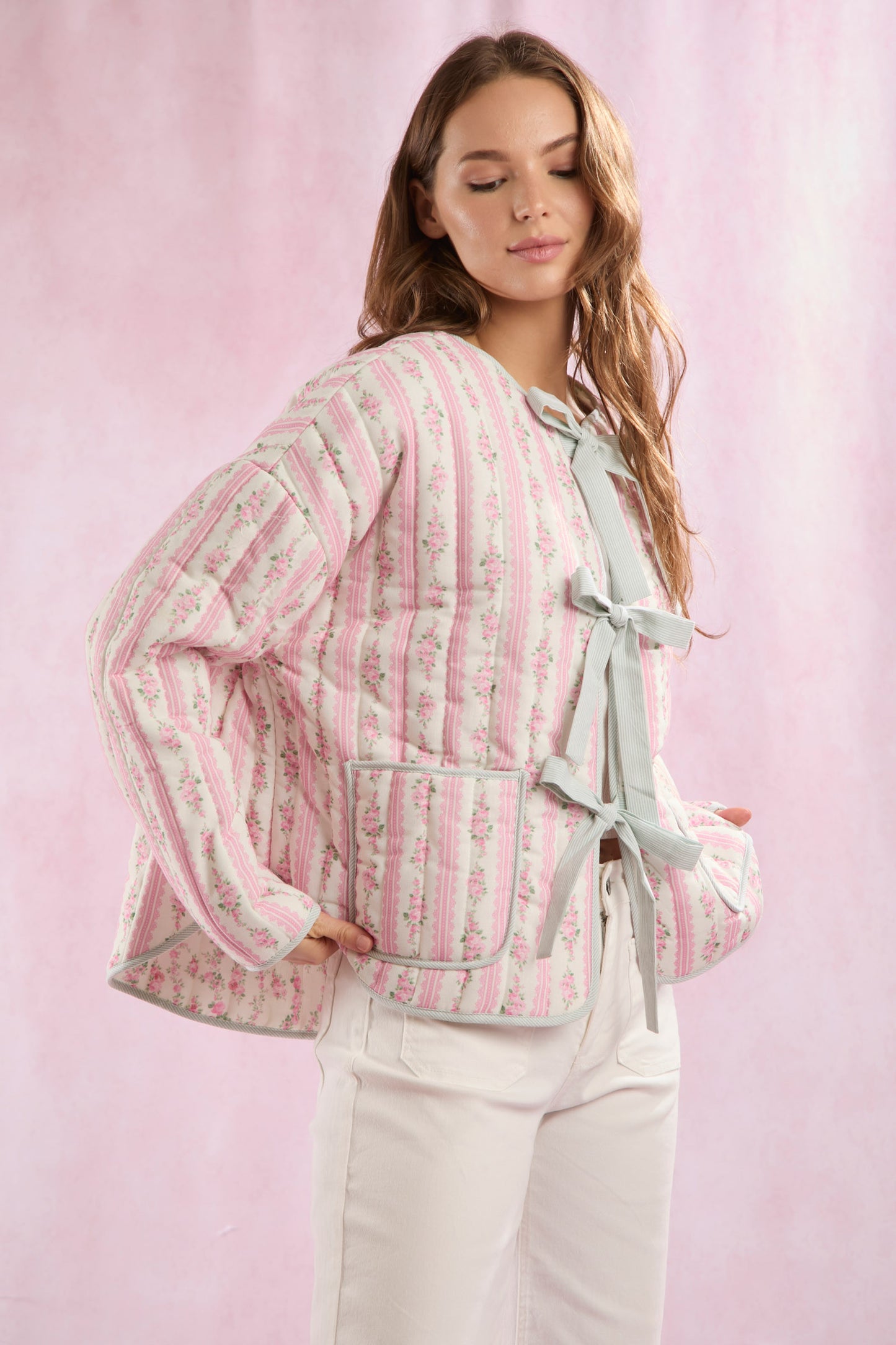 Pink Rose Floral Front Tie Jacket