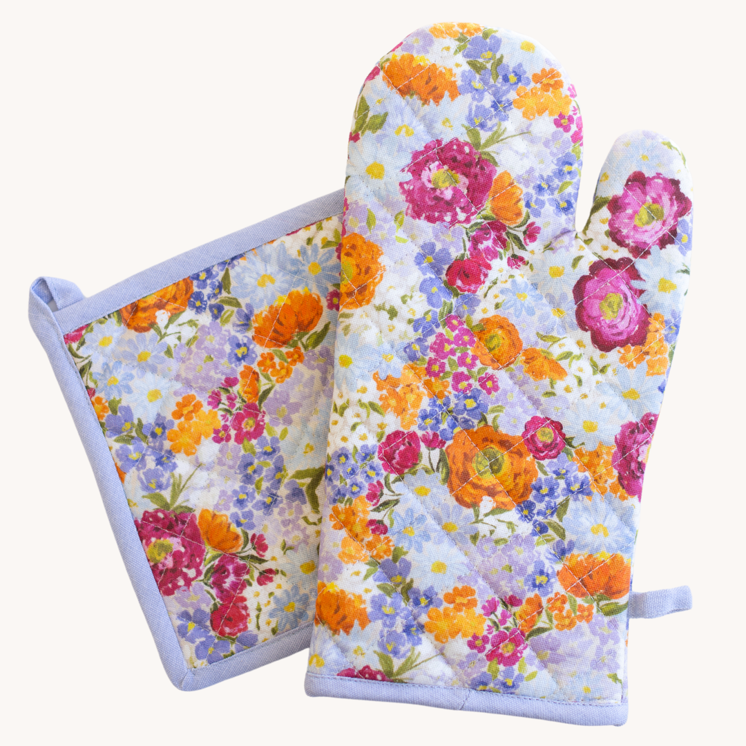 Primavera Purple Floral Oven Mitt and Pot Holder Set