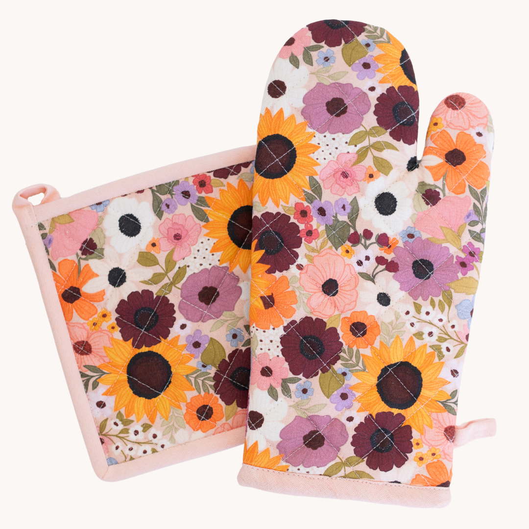Rainbow Garden Pink Floral Oven Mitt and Pot Holder Set