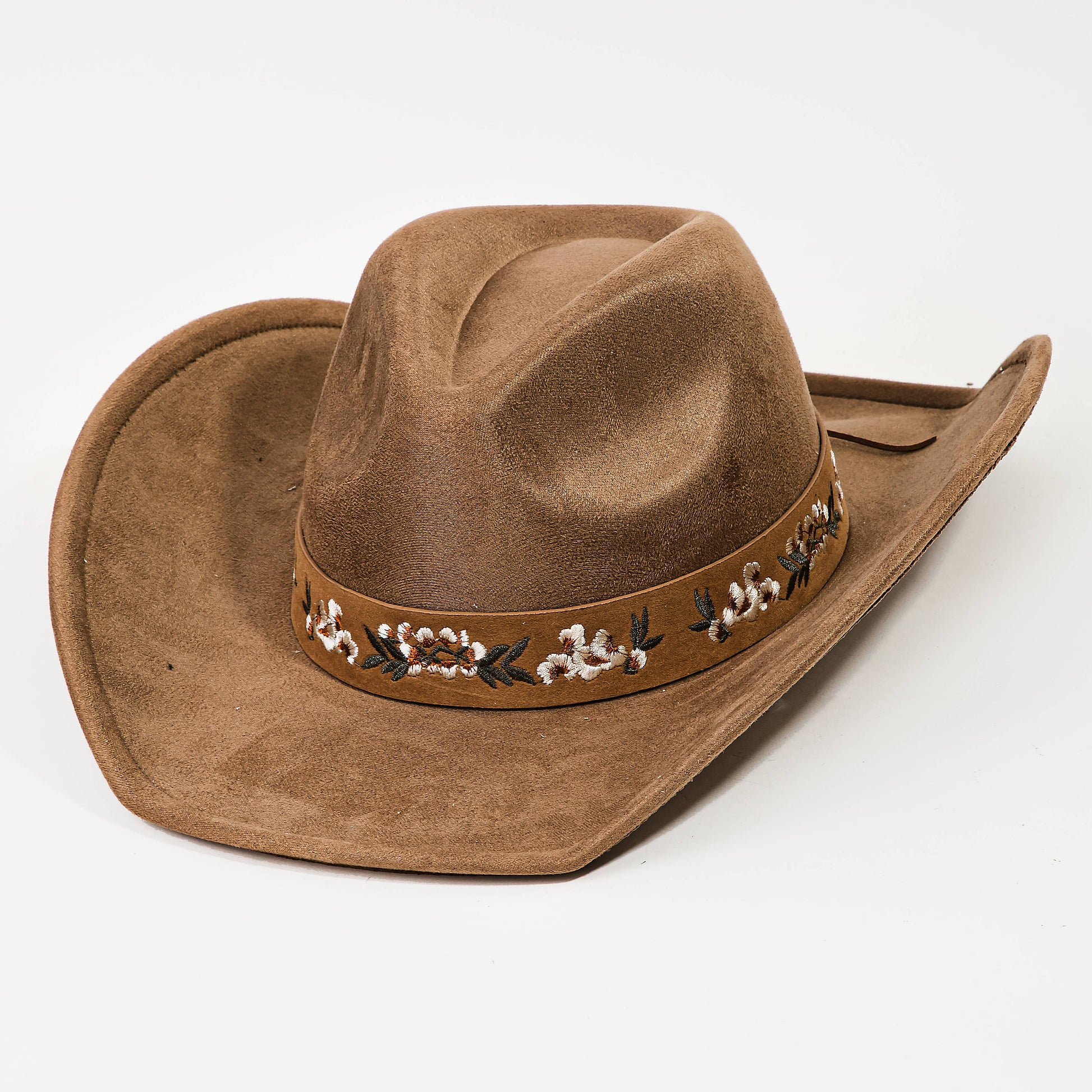 Suede Boho Embroidered Floral Cowboy Hat Brown Tan Camel