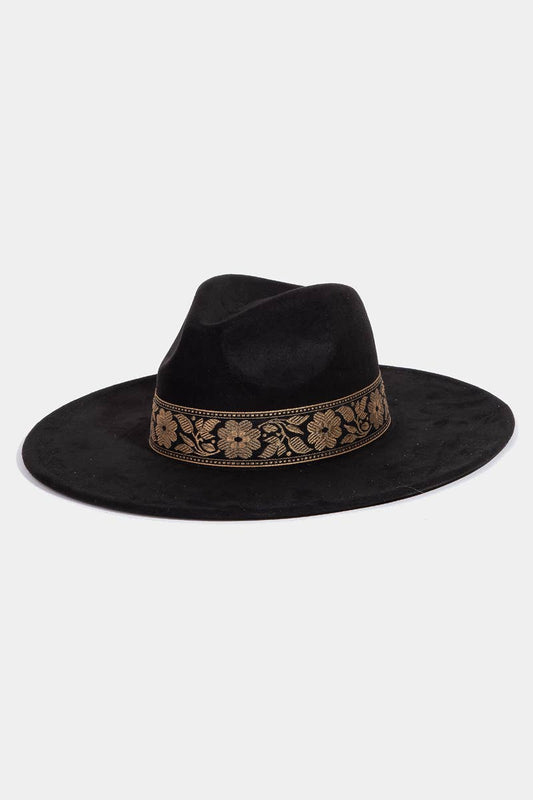 Suede Boho Floral Ribbon Fedora Hat Black