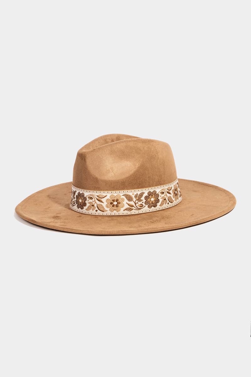 Suede Boho Floral Ribbon Fedora Hat Brown Tan Camel