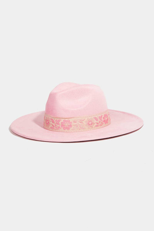 Suede Boho Floral Ribbon Fedora Hat Pink Blush