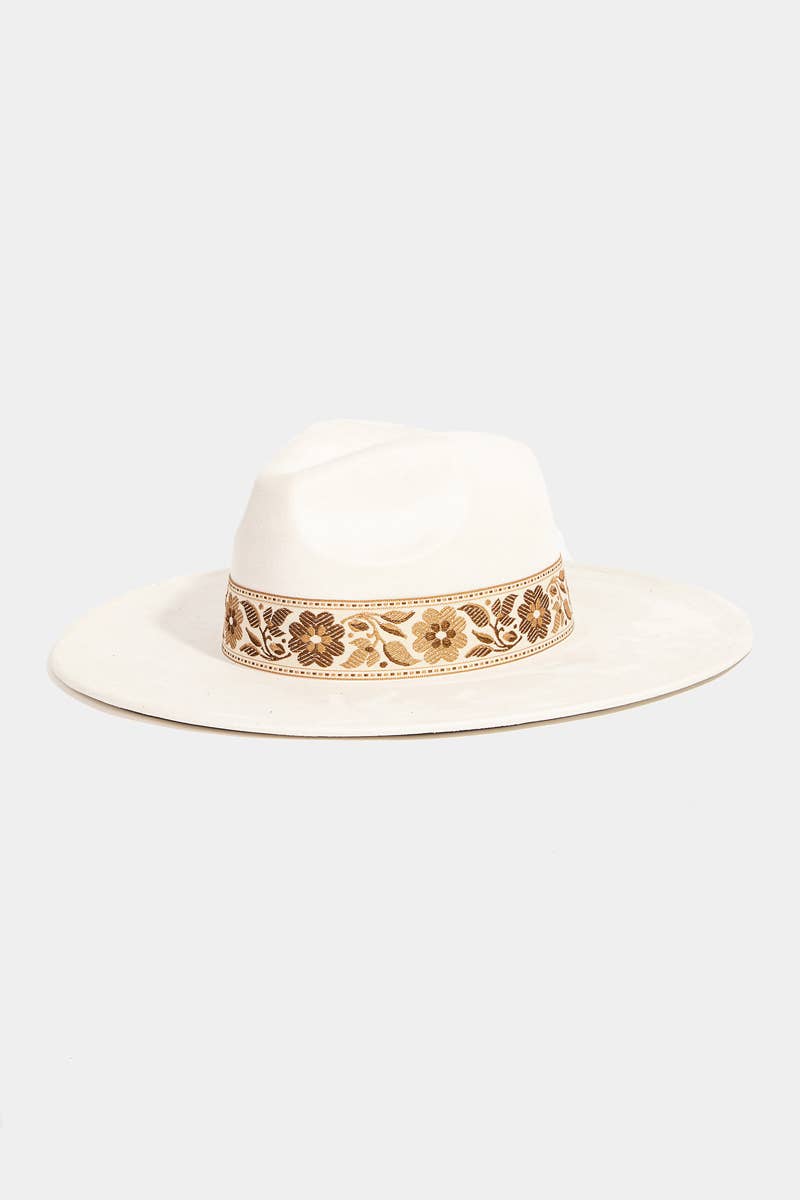 Suede Boho Floral Ribbon Fedora Hat White Cream
