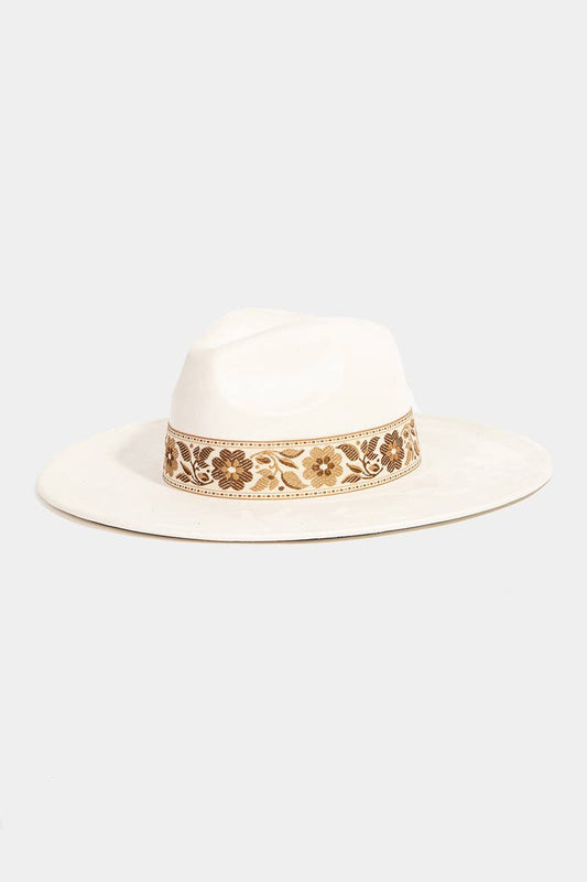 Suede Boho Floral Ribbon Fedora Hat White Cream