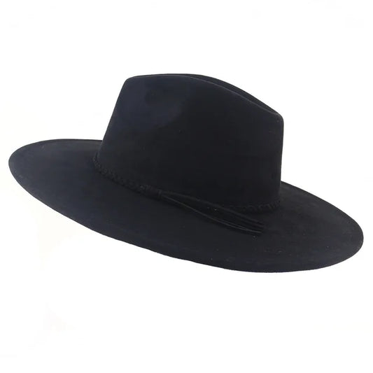 Suede Boho Nomad Wide Brim Braided Fedora Hat Black