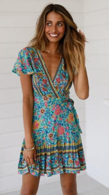 Bohemian Daydreamer Floral Wrap Mini Dress | Moonlight Gypsea