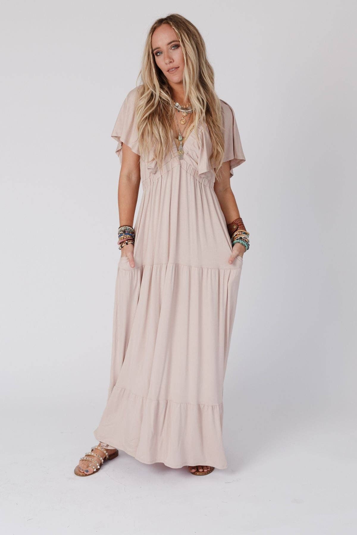 On Repeat Open Back Ruffle Maxi Dress