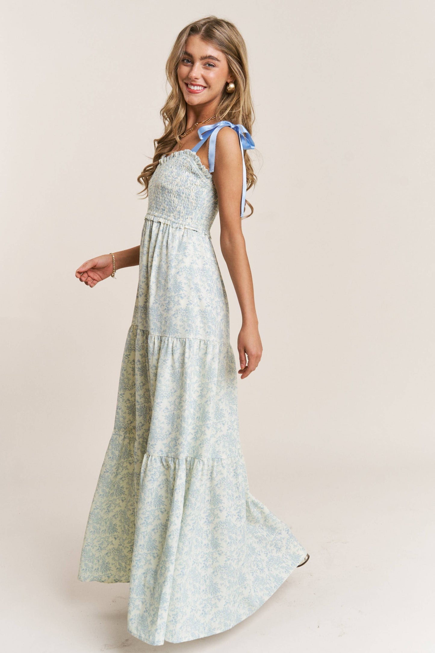 Blue Floral Tiered Bow Maxi Dress
