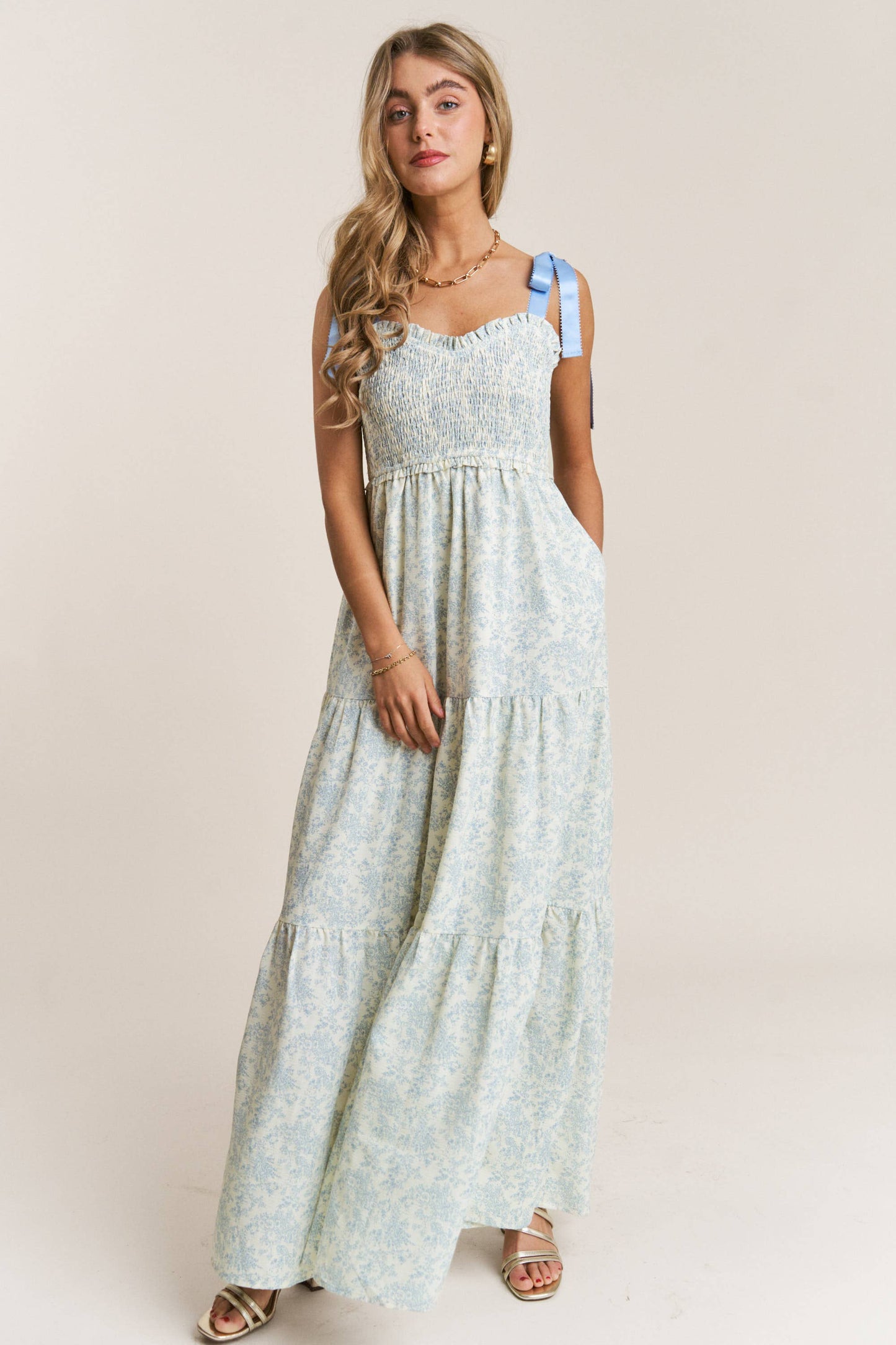Blue Floral Tiered Bow Maxi Dress