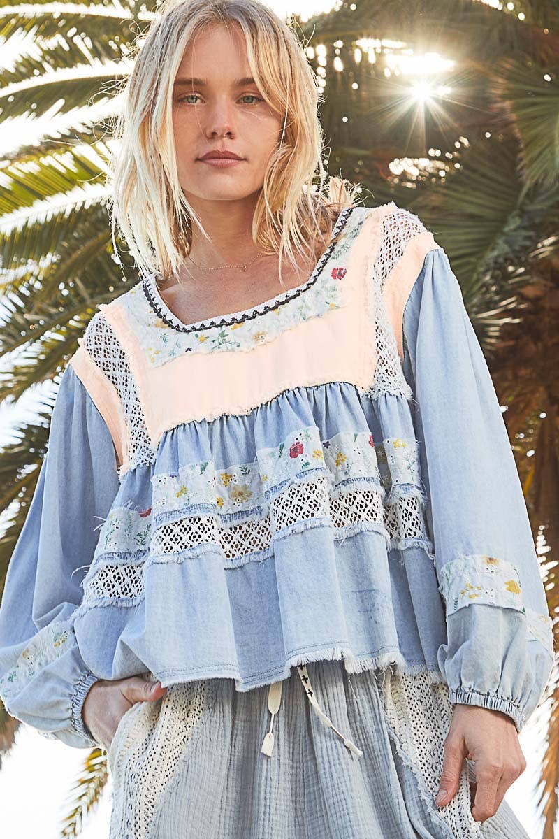 Pol Clothing Embroidered Floral Crochet Denim Top