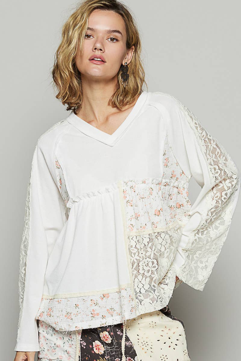 Pol Clothing Floral Lace V-Neck Raglan Knit Top
