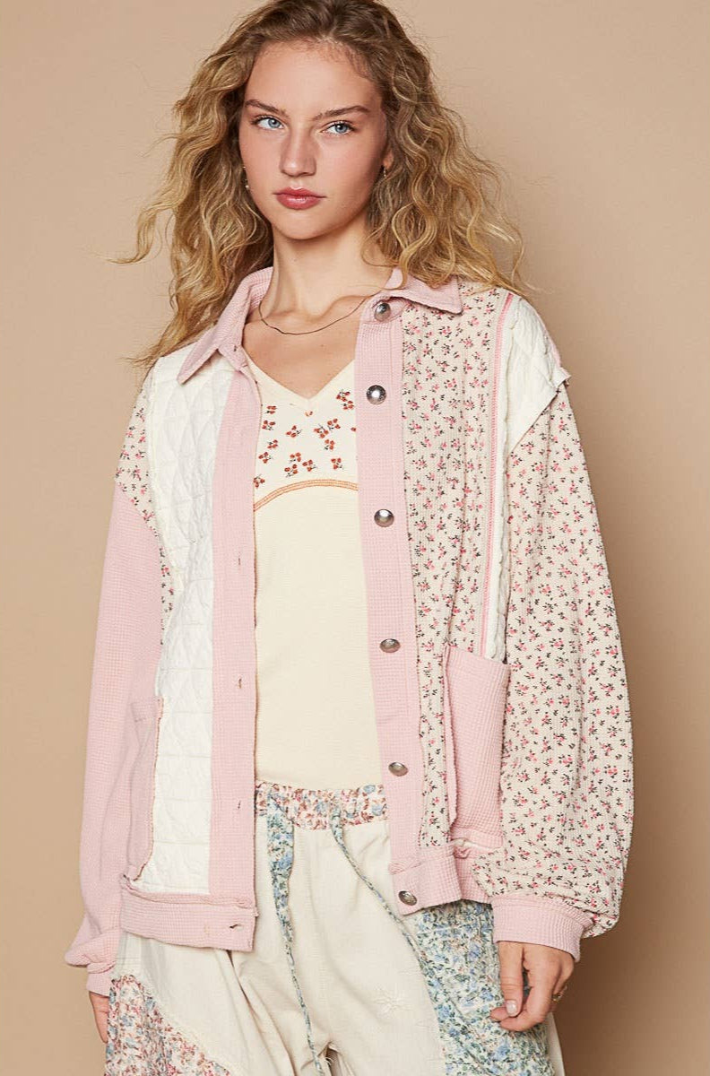 Pol Clothing Pink Floral Print Color Block Quilted Shacket Jacket Shirt