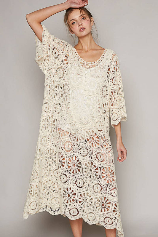 Pol Clothing White Scoop Neck Crochet Dress Duster Kimono Beach Cover Up