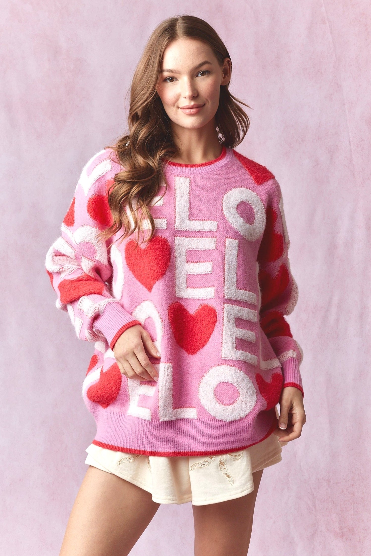 Valentine's Day Love Letter Heart Sweater Pullover Embroidered Stitched Sweatshirt Pink Red