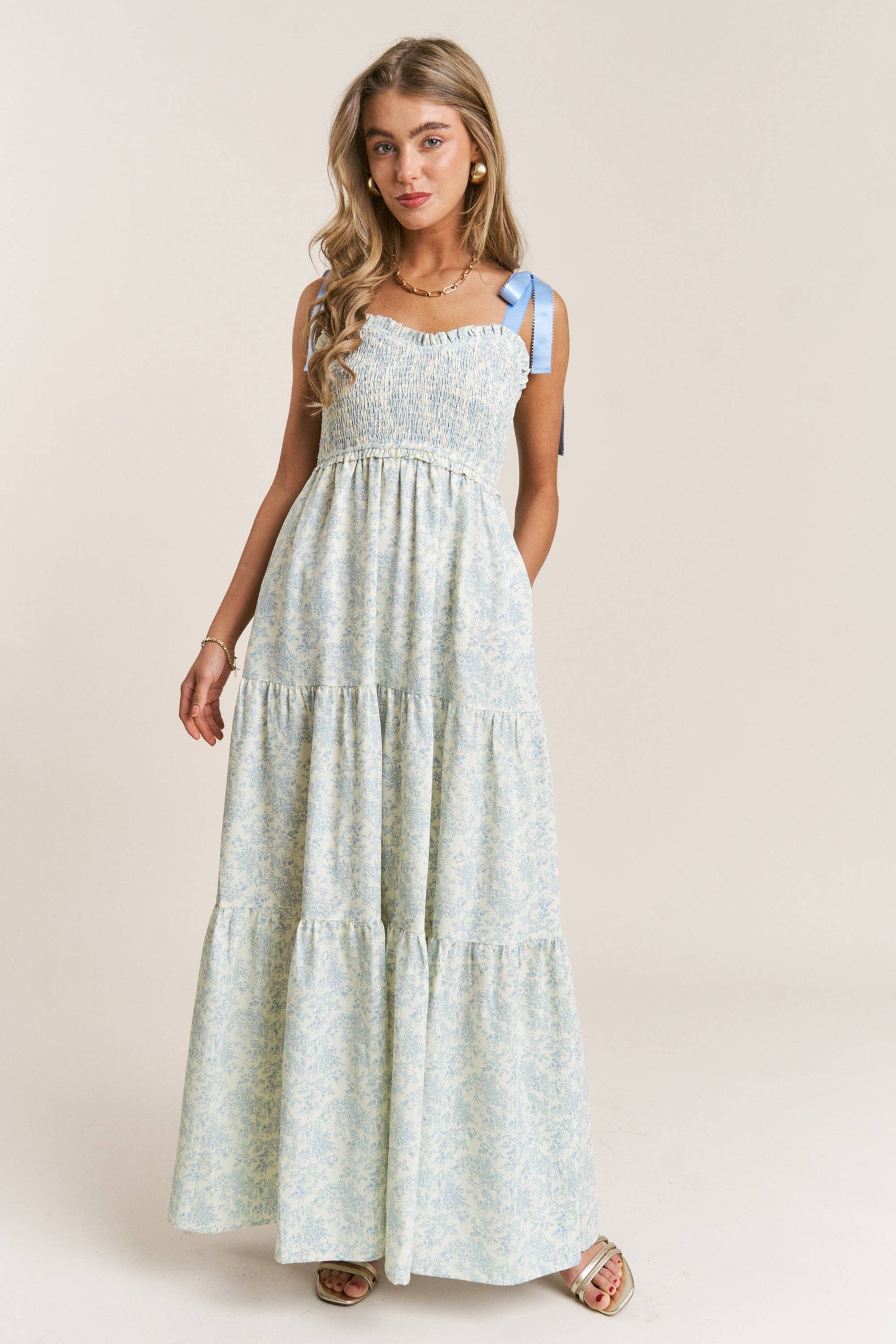 Blue Floral Tiered Bow Maxi Dress