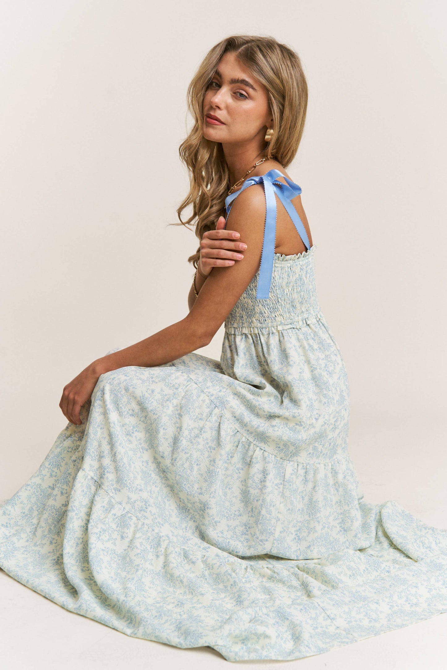 Blue Floral Tiered Bow Maxi Dress