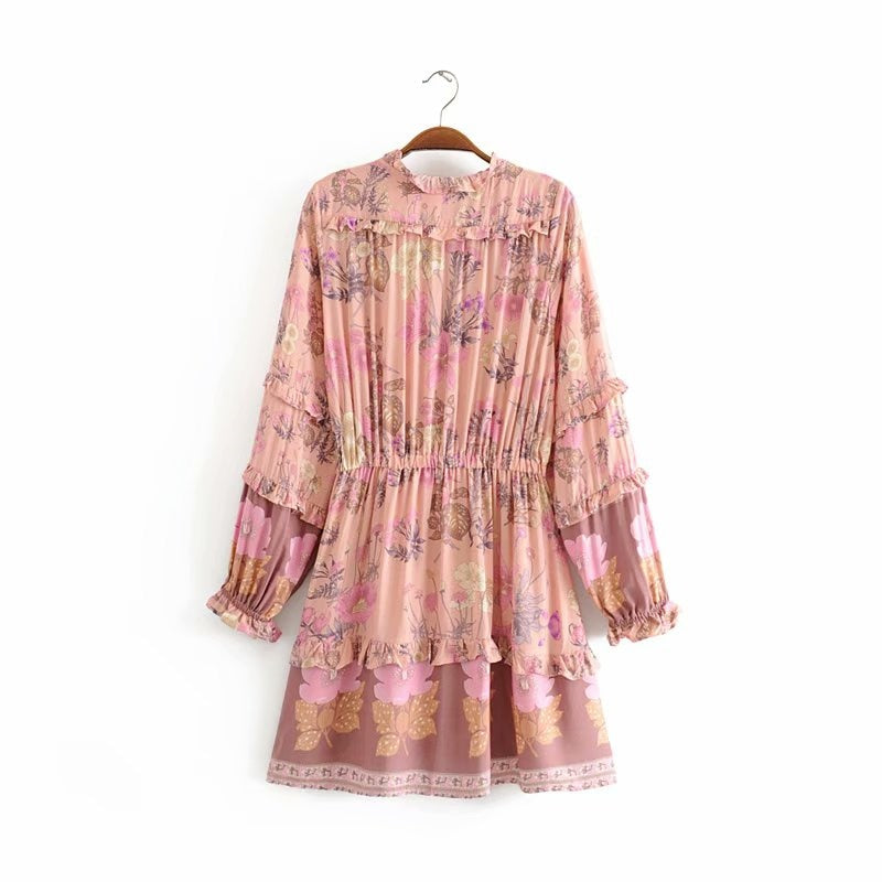 Wild Flower Ruffle Mini Bohemian Dress - Pink | Moonlight Gypsea