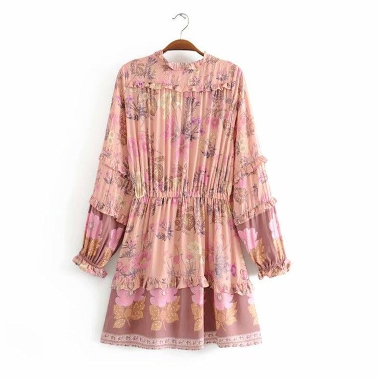 Wild Flower Ruffle Mini Bohemian Dress - Pink | Moonlight Gypsea