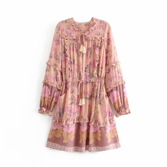 Wild Flower Ruffle Mini Bohemian Dress - Pink | Moonlight Gypsea
