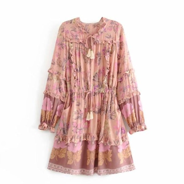 Wild Flower Ruffle Mini Bohemian Dress - Pink | Moonlight Gypsea
