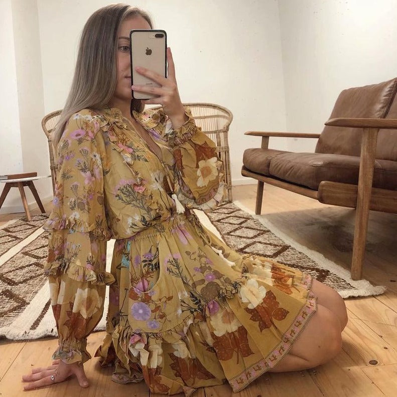 Wild Flower Ruffle Mini Bohemian Dress - Yellow | Moonlight Gypsea