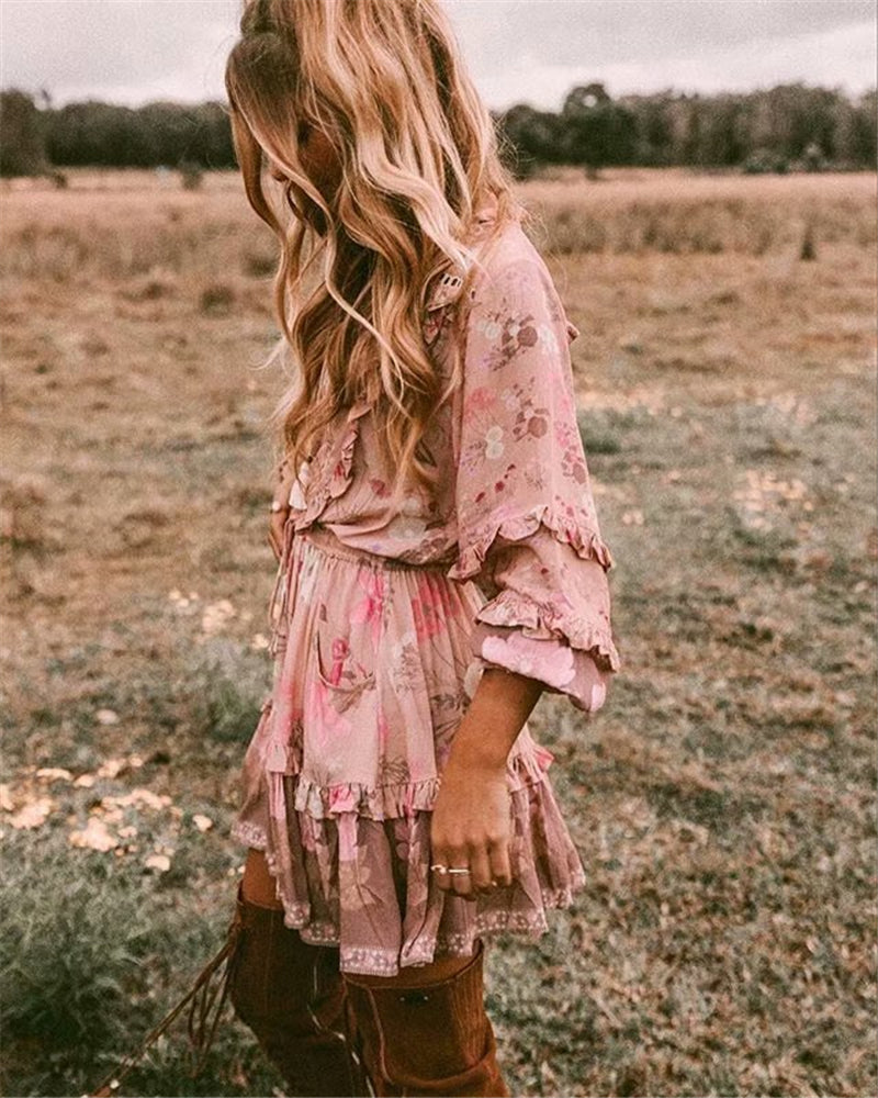 Wild Flower Ruffle Mini Bohemian Dress - Pink | Moonlight Gypsea