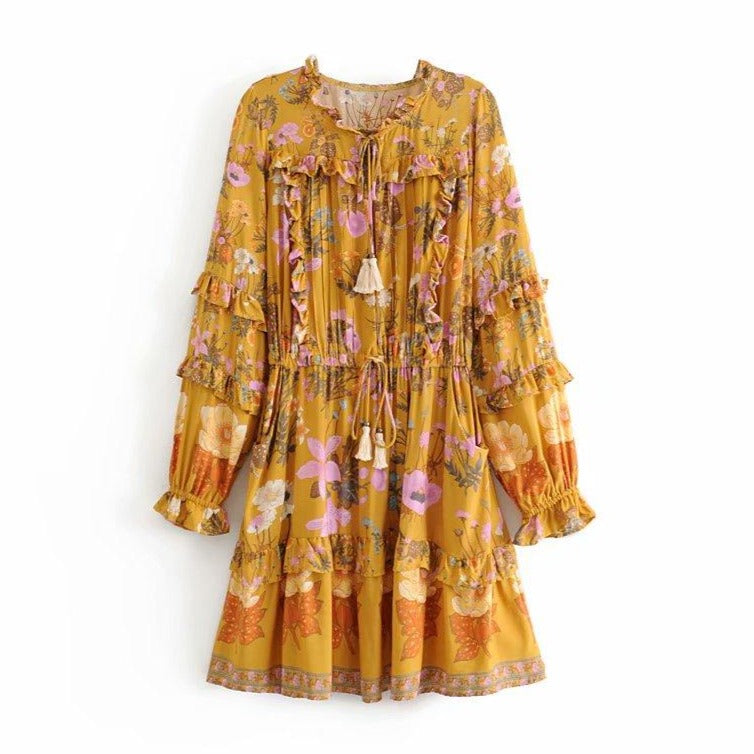 Wild Flower Ruffle Mini Bohemian Dress - Yellow | Moonlight Gypsea