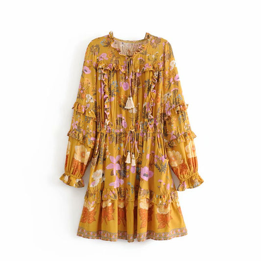 Wild Flower Ruffle Mini Bohemian Dress - Yellow | Moonlight Gypsea