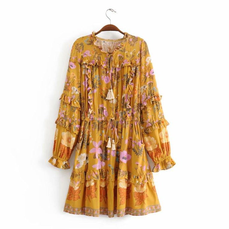 Wild Flower Ruffle Mini Bohemian Dress - Yellow | Moonlight Gypsea