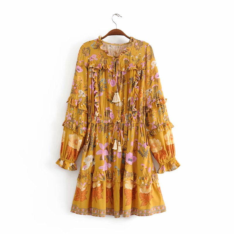 Wild Flower Ruffle Mini Bohemian Dress - Yellow | Moonlight Gypsea