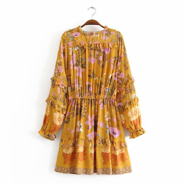 Wild Flower Ruffle Mini Bohemian Dress - Yellow | Moonlight Gypsea