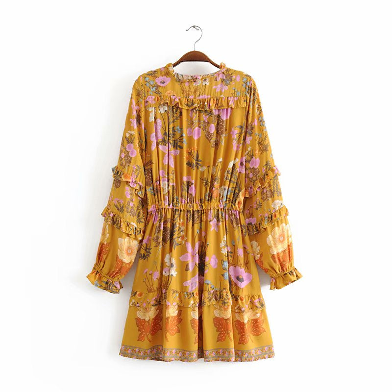 Wild Flower Ruffle Mini Bohemian Dress - Yellow | Moonlight Gypsea
