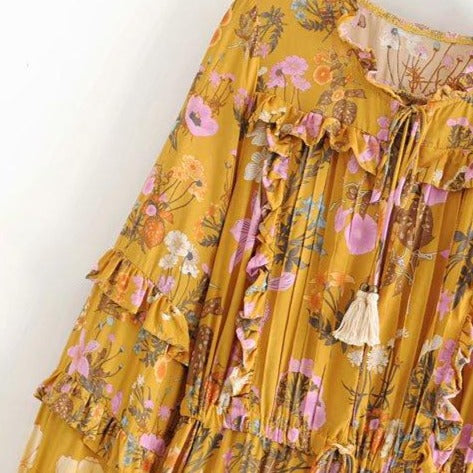 Wild Flower Ruffle Mini Bohemian Dress - Yellow | Moonlight Gypsea