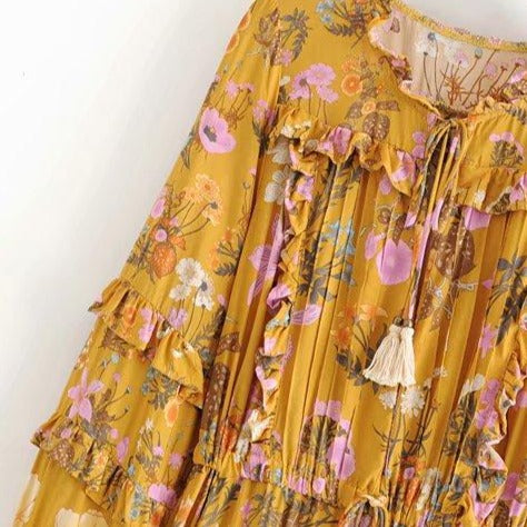 Wild Flower Ruffle Mini Bohemian Dress - Yellow | Moonlight Gypsea