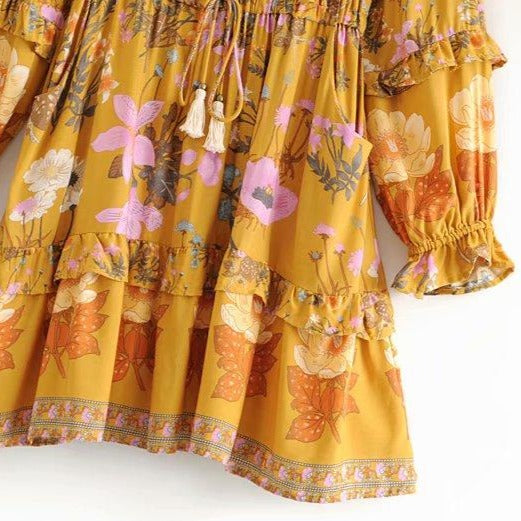 Wild Flower Ruffle Mini Bohemian Dress - Yellow | Moonlight Gypsea