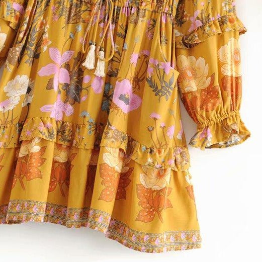 Wild Flower Ruffle Mini Bohemian Dress - Yellow | Moonlight Gypsea