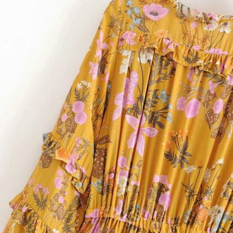 Wild Flower Ruffle Mini Bohemian Dress - Yellow | Moonlight Gypsea