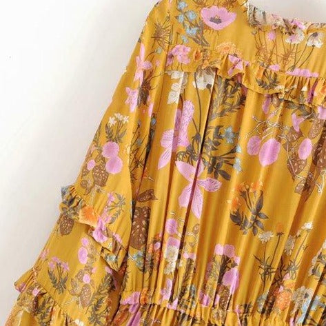 Wild Flower Ruffle Mini Bohemian Dress - Yellow | Moonlight Gypsea