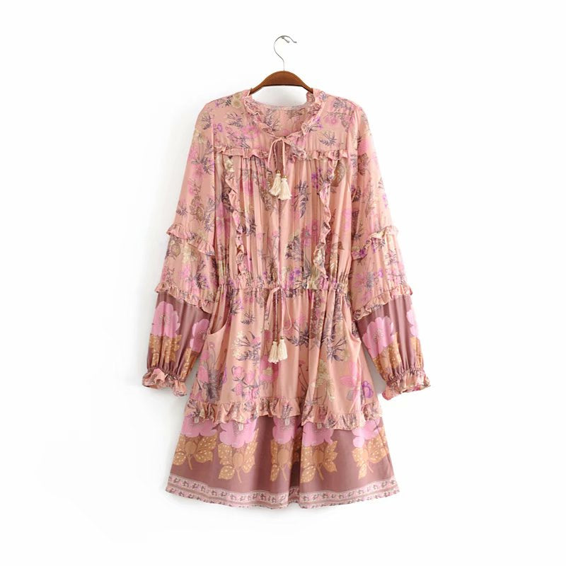 Wild Flower Ruffle Mini Bohemian Dress - Pink | Moonlight Gypsea