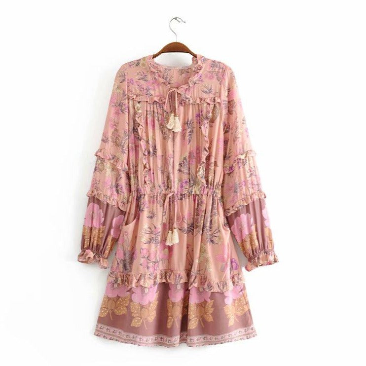 Wild Flower Ruffle Mini Bohemian Dress - Pink | Moonlight Gypsea