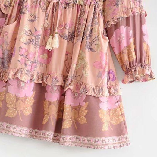 Wild Flower Ruffle Mini Bohemian Dress - Pink | Moonlight Gypsea