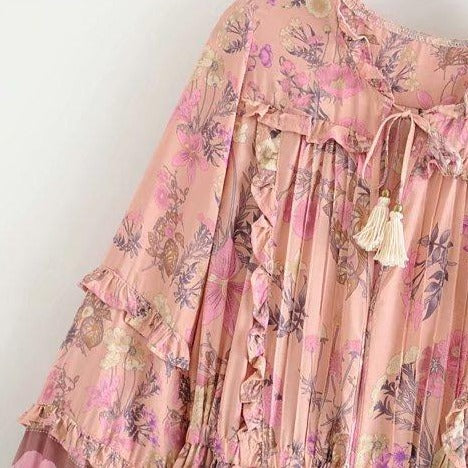 Wild Flower Ruffle Mini Bohemian Dress - Pink | Moonlight Gypsea