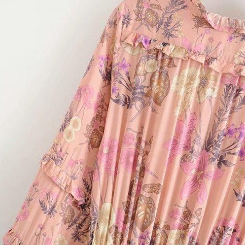 Wild Flower Ruffle Mini Bohemian Dress - Pink | Moonlight Gypsea