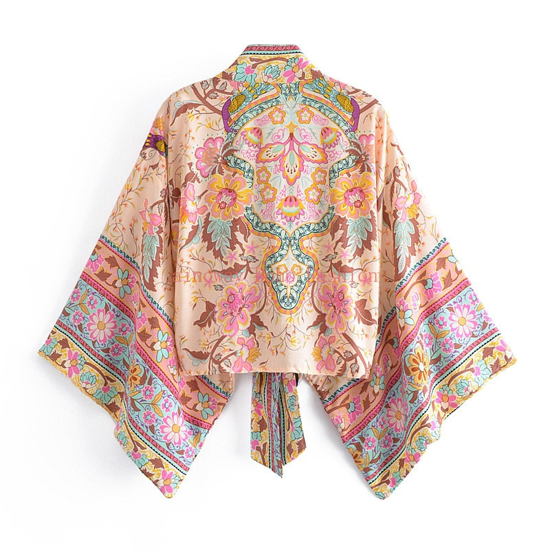 Wanderlust Tie Front Bohemian Floral Kimono Top - Pink | Moonlight Gypsea